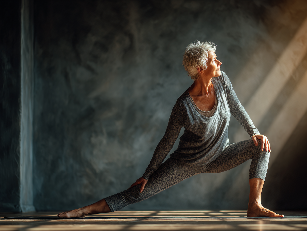 Пожилая женщина медитирует на природе